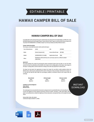 Hawaii Camper Bill of Sale Template