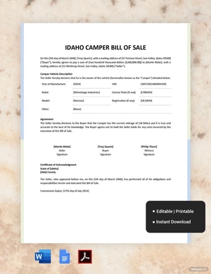 Idaho Camper Bill of Sale Template