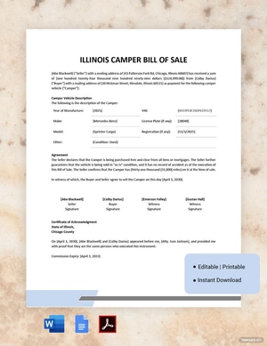 Illinois Camper Bill of Sale Template