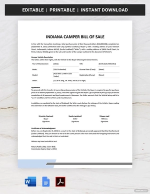 Indiana Camper Bill Of Sale Form Template