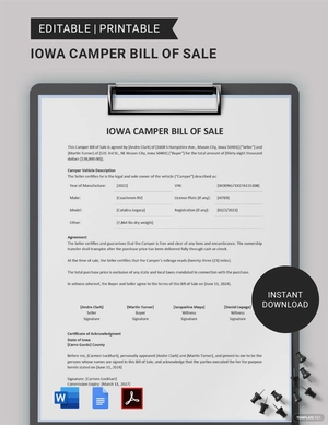 Iowa Camper Bill of Sale Template