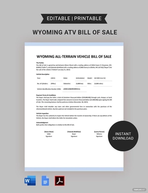 Wyoming ATV Bill of Sale Template