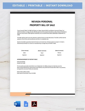 Nevada Personal Property Bill of Sale Form Template