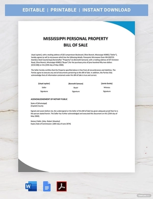 Mississippi Personal Property Bill of Sale Template