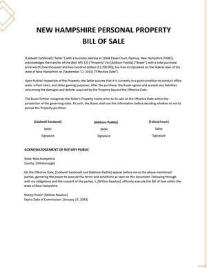 New Hampshire Personal Property Bill of Sale Template