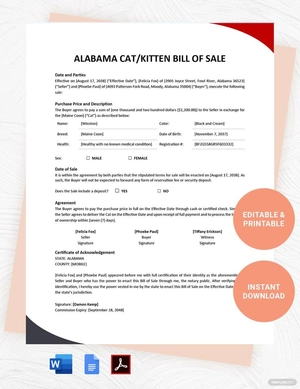 Alabama Cat / Kitten Bill of Sale Form Template