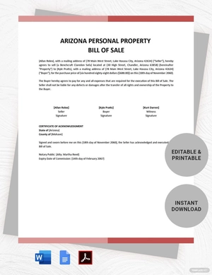 Arizona Personal Property Bill of Sale Template