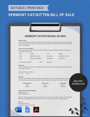 Vermont Cat/Kitten Bill of Sale Template