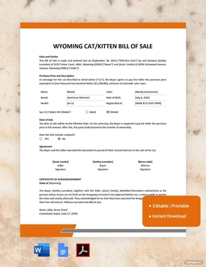 Wyoming Cat/Kitten Bill Of Sale Template