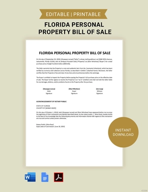 Florida Personal Property Bill of Sale Template