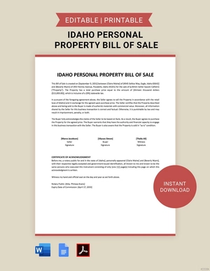 Idaho Personal Property Bill of Sale Template
