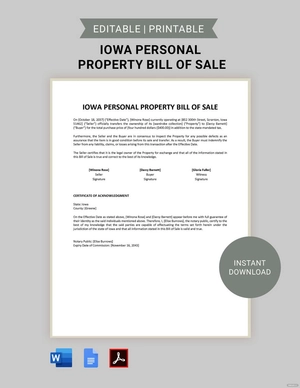 Iowa Personal Property Bill of Sale Template