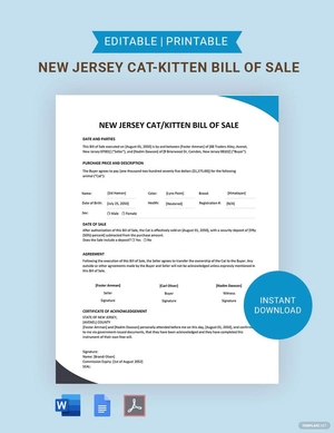 New Jersey Cat / Kitten Bill of Sale Template