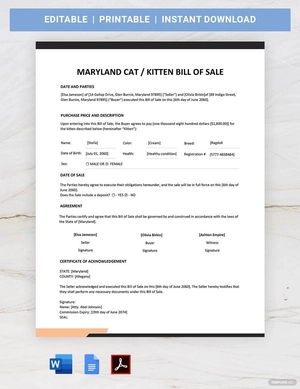 Maryland Cat / Kitten Bill of Sale Form Template