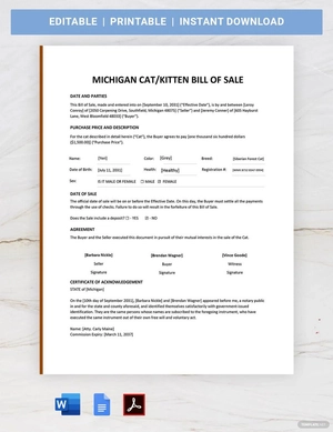 Michigan Cat / Kitten Bill of Sale Template