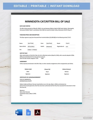 Minnesota Cat / Kitten Bill of Sale Template