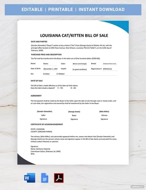 Louisiana Cat / Kitten Bill of Sale Template