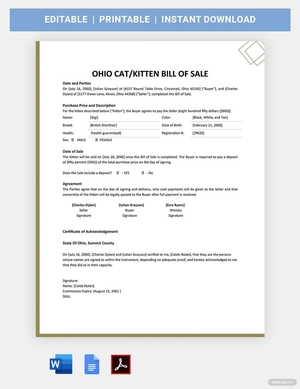 Ohio Cat / Kitten Bill Of Sale Template