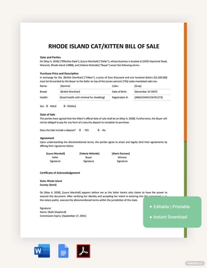 Rhode Island Cat / Kitten Bill Of Sale Template
