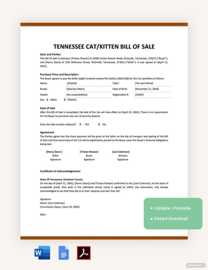 Tennessee Cat / Kitten Bill Of Sale Form Template