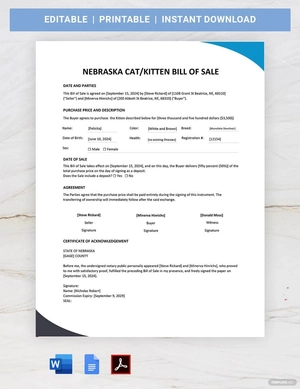 Nebraska Cat / Kitten Bill of Sale Template
