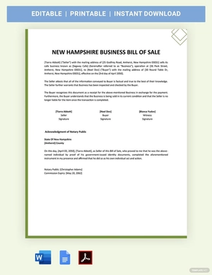 New Hampshire Business Bill Of Sale Template