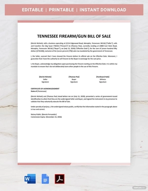 Tennessee Firearm/Gun Bill of Sale Template