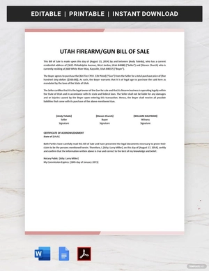 Utah Firearm/Gun Bill of Sale Template