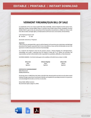 Vermont Firearm/Gun Bill of Sale Template