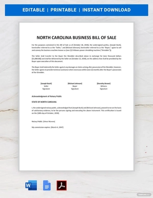 North Carolina Business Bill of Sale Template