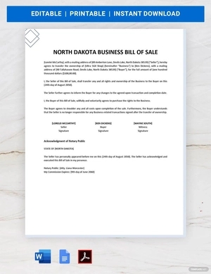 North Dakota Business Bill of Sale Template
