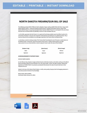 North Dakota Firearm / Gun Bill of Sale Template