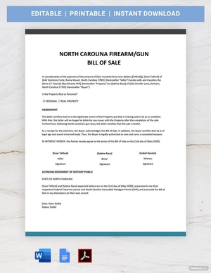 North Carolina Firearm / Gun Bill of Sale Form Template