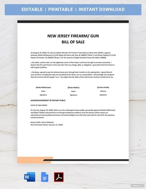 New Jersey Firearm / Gun Bill of Sale Template