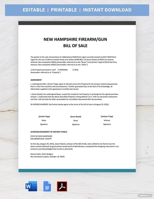 New Hampshire Firearm / Gun Bill of Sale Template