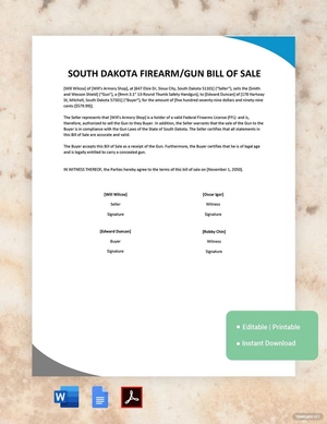 South Dakota Firearm / Gun Bill of Sale Template
