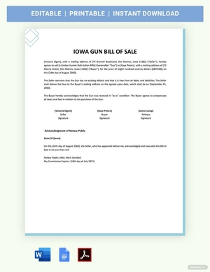 Iowa Firearm / Gun Bill Of Sale Template