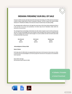 Indiana Firearm / Gun Bill Of Sale Template