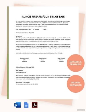 Illinois Firearm / Gun Bill Of Sale Template