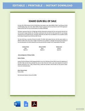 Idaho Firearm / Gun Bill Of Sale Template