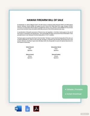 Hawaii Firearm / Gun Bill Of Sale Template
