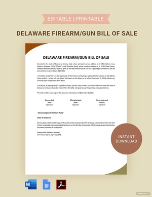 Delaware Firearm / Gun Bill Of Sale Template
