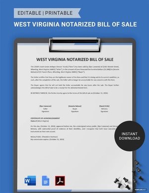 West Virginia Notarized Bill of Sale Template