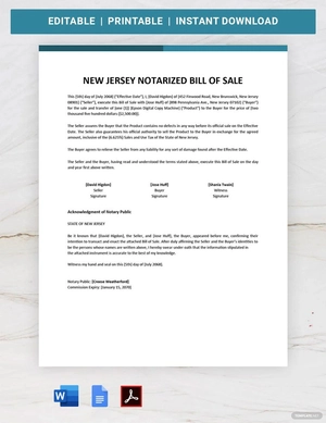 New Jersey Notarized Bill of Sale Template