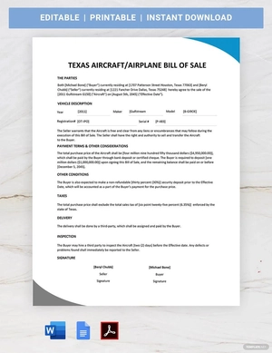 Texas Aircraft / Airplane Bill of Sale Template