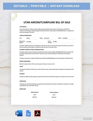 Utah Aircraft / Airplane Bill of Sale Template