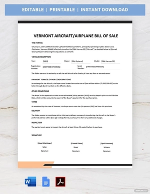 Vermont Aircraft / Airplane Bill of Sale Template