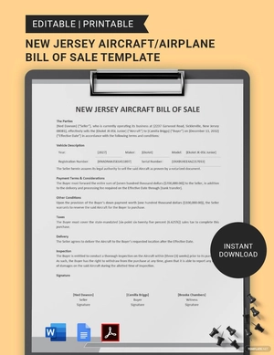 New Jersey Aircraft/Airplane Bill of Sale Template
