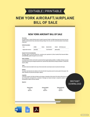 New York Aircraft/Airplane Bill Of Sale Template