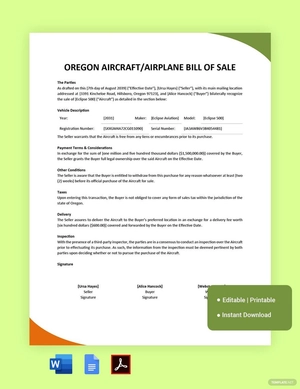 Oregon Aircraft/Airplane Bill of Sale Template
